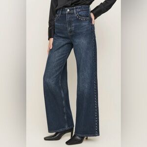 Reformation Cary High Rise Studded Slouchy Wide Leg Jeans Dark Wash Size 30